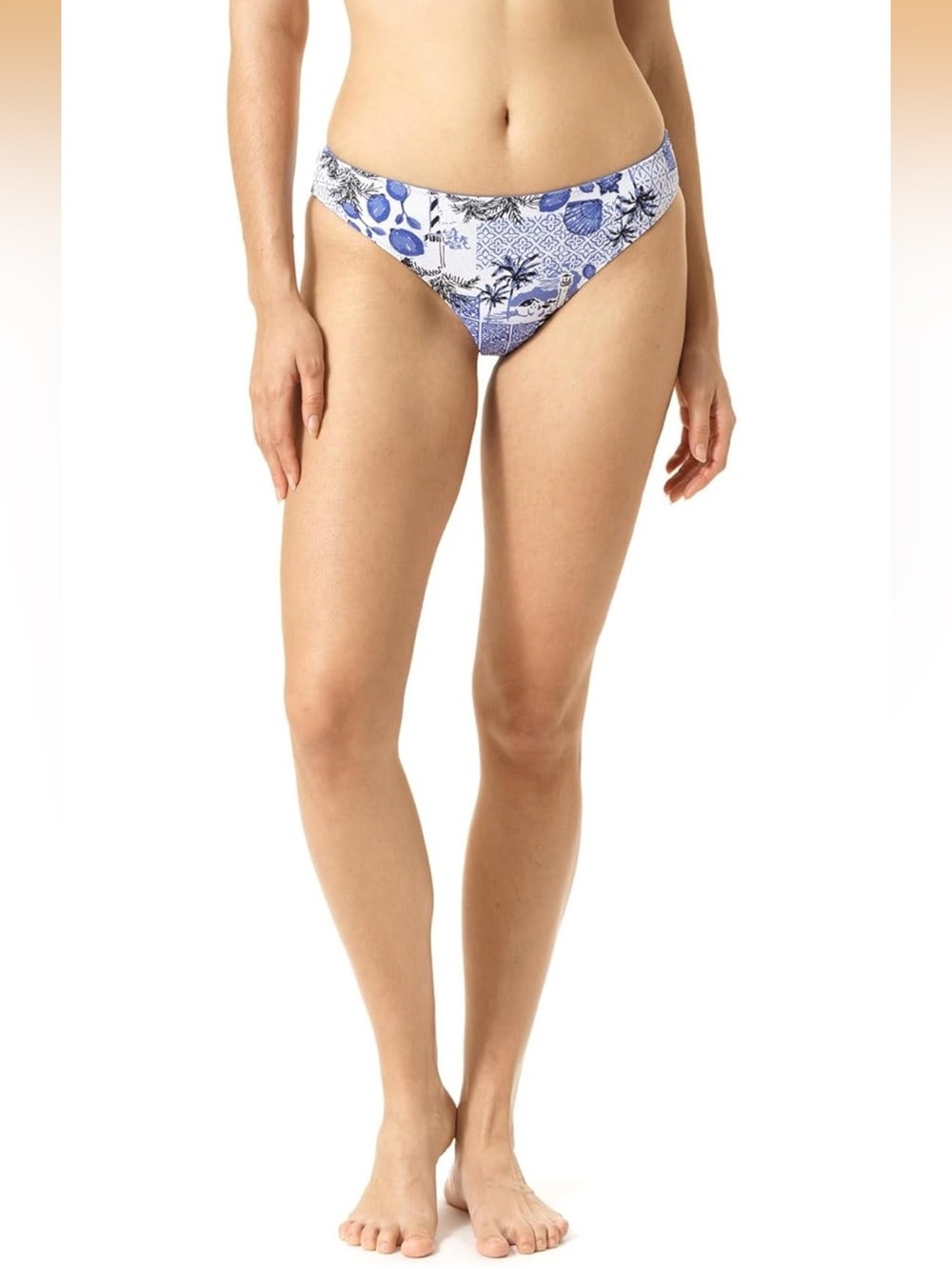 HUE Blue and White Printed| Blue Reversible Mid-Rise Bikini Bottom Large